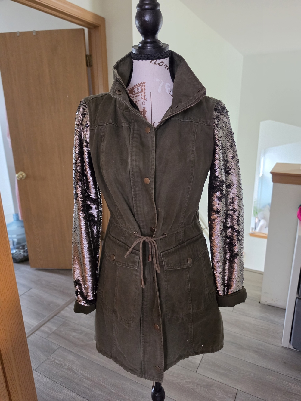 New York & Company Olive Utility Jacket with Rose Gold Sequin Sleeves